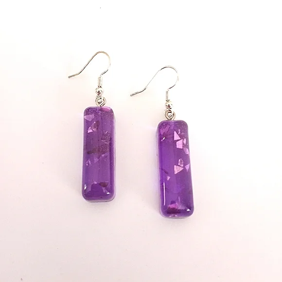 Purple chunky glitter bar dangle earrings with silver hooks new handmade Resin - Picture 5 of 6